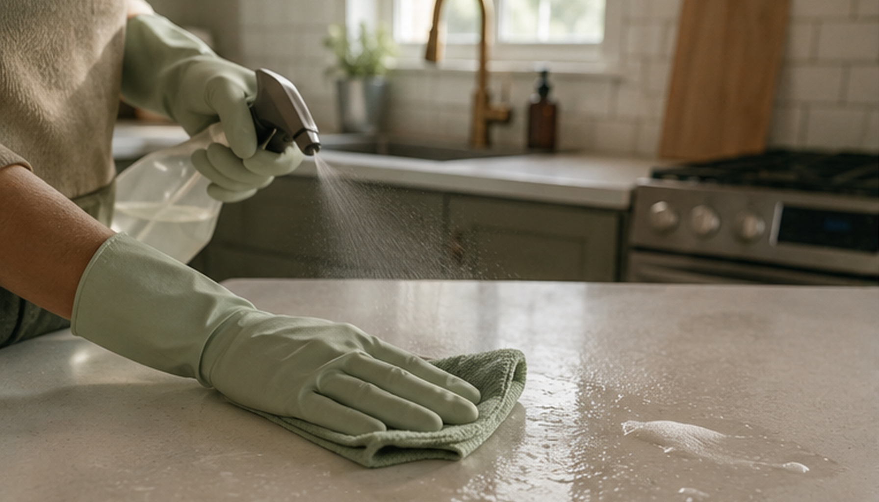 A gloved hand spraying and wiping down a kitchen countertop during a deep clean