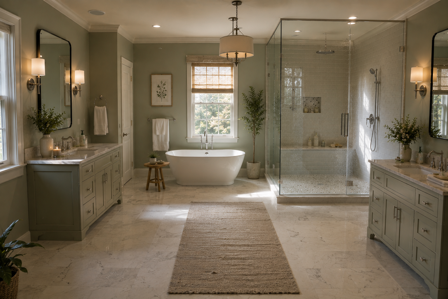 A pristine, deep-cleaned bathroom with a glass shower and freestanding tub