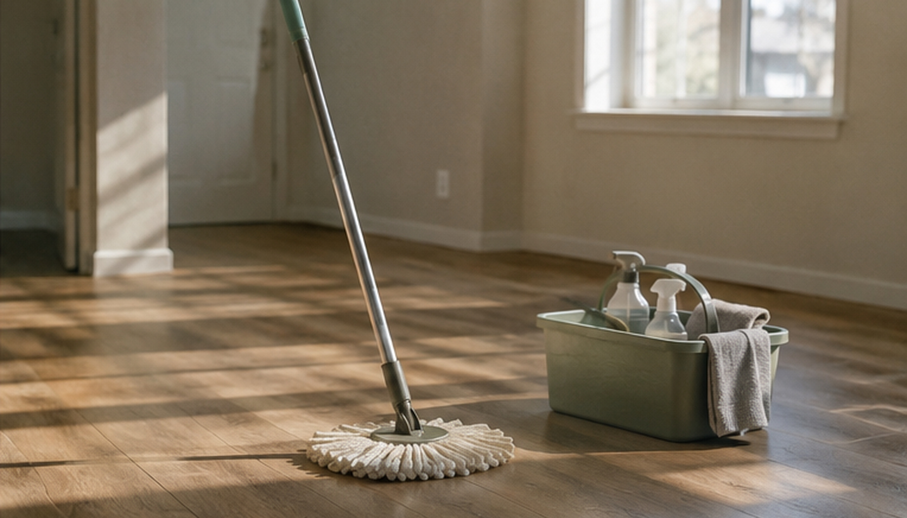 A mop on a freshly cleaned floor beside a caddy of cleaning supplies in a bright, empty room ready for move-out