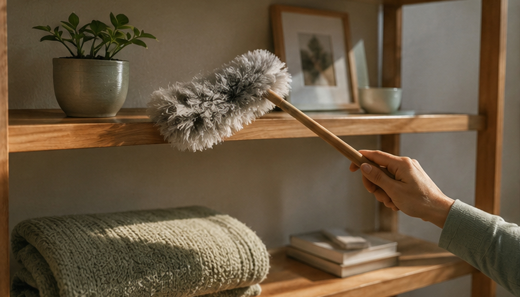 A hand dusting a wooden shelf with a duster during a recurring house cleaning
