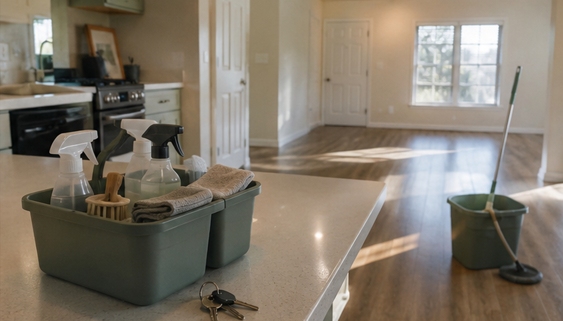 Cleaning supplies and house keys on the counter of a clean, rent-ready home